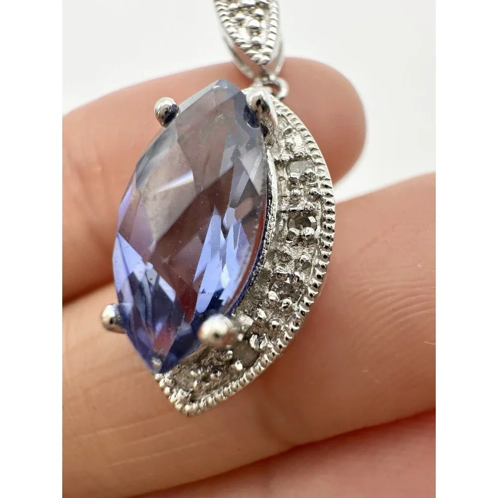 925 Sterling Silver Marquise blue Spinel Pendant with Diamond
